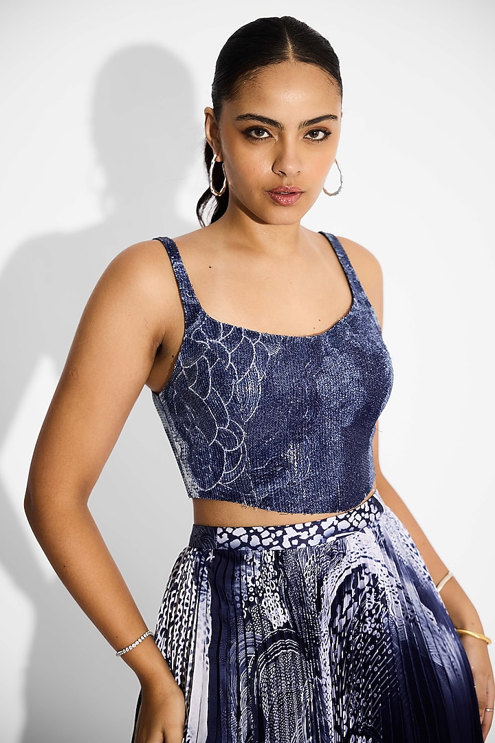 Obsidian Blue Transparent Poly Sequins Swirl Printed Corset Top by Shasha Gaba at Pernia's Pop Up Shop