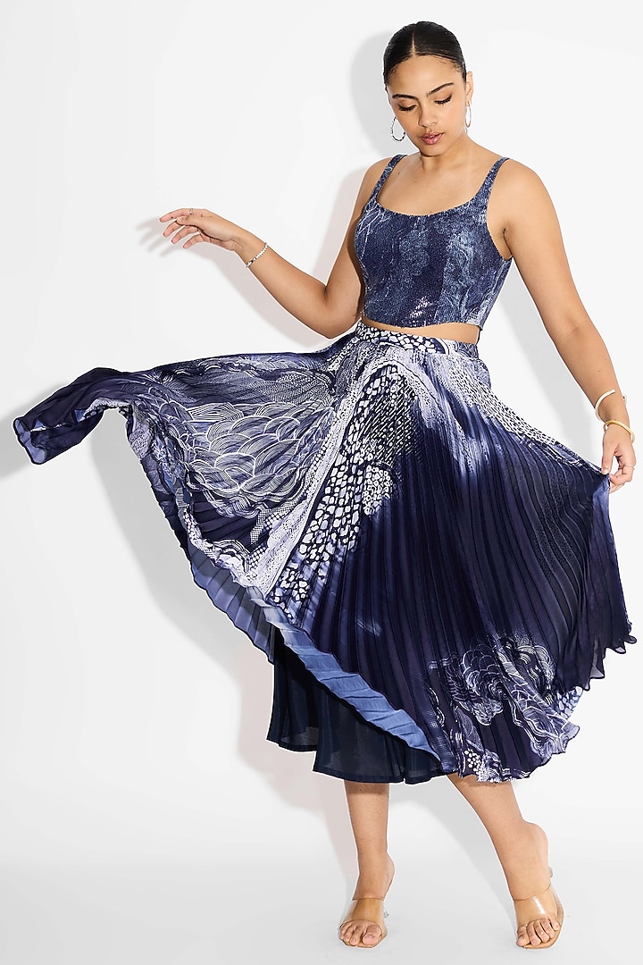 Obsidian Blue Transparent Poly Sequins Swirl Printed Corset Top by Shasha Gaba at Pernia's Pop Up Shop