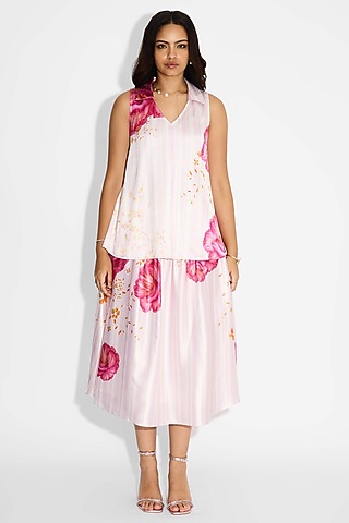 Ivory Poly Satin Striped Floral Top by Shasha Gaba