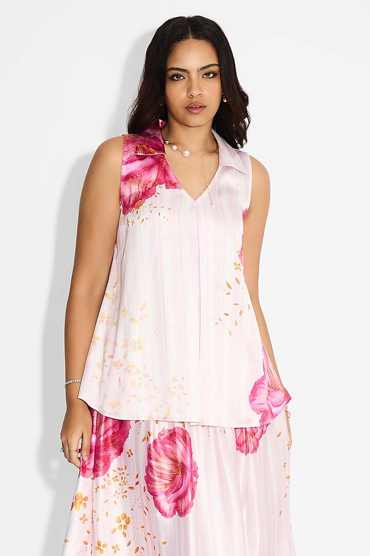 Ivory Poly Satin Striped Floral Top by Shasha Gaba at Pernia's Pop Up Shop