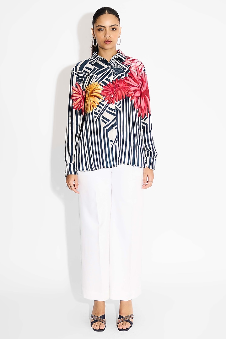 Obsidian Blue Bemberg Twill Floral Printed High-Low Shirt by Shasha Gaba at Pernia's Pop Up Shop