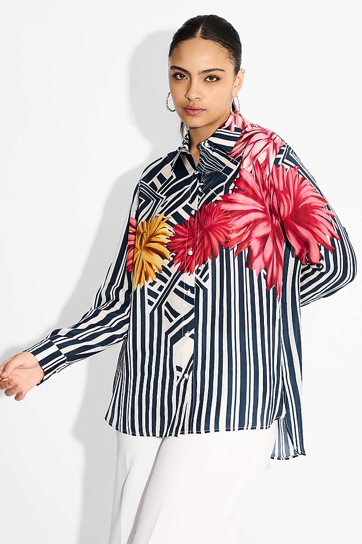 Obsidian Blue Bemberg Twill Floral Printed High-Low Shirt by Shasha Gaba at Pernia's Pop Up Shop