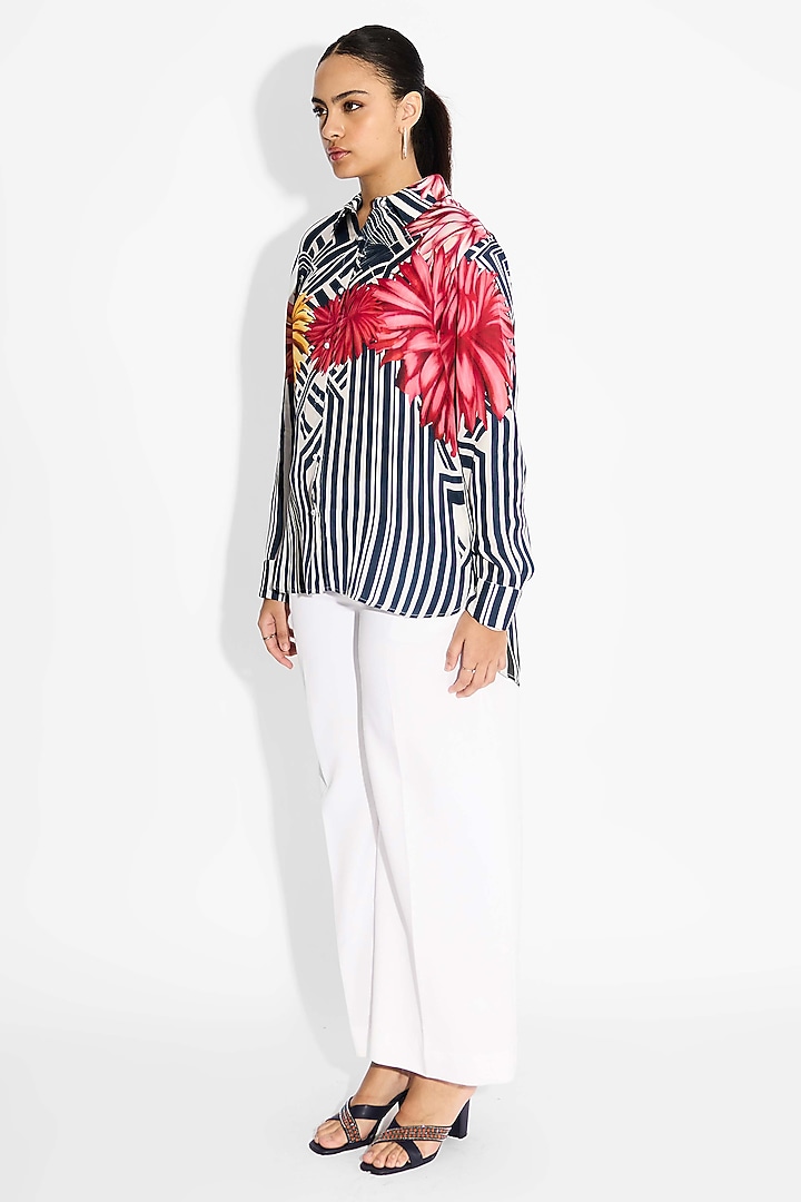 Obsidian Blue Bemberg Twill Floral Printed High-Low Shirt by Shasha Gaba at Pernia's Pop Up Shop