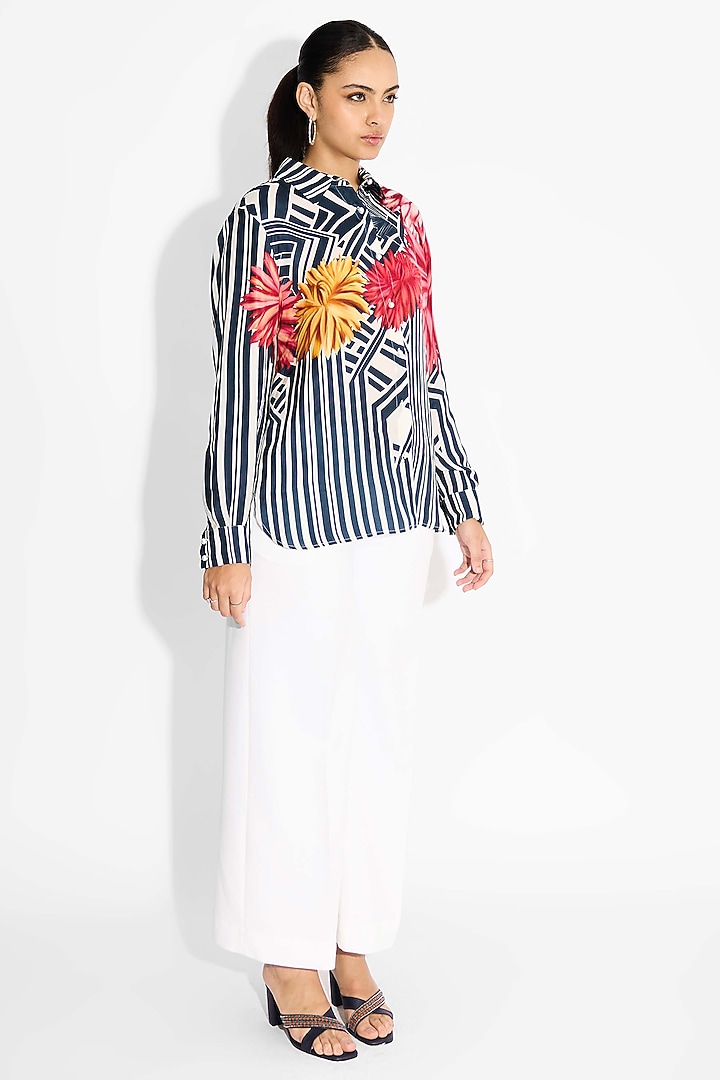 Obsidian Blue Bemberg Twill Floral Printed High-Low Shirt by Shasha Gaba at Pernia's Pop Up Shop