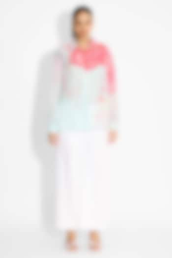 Frost Blue Bemberg Twill Floral Printed High-Low Shirt by Shasha Gaba at Pernia's Pop Up Shop