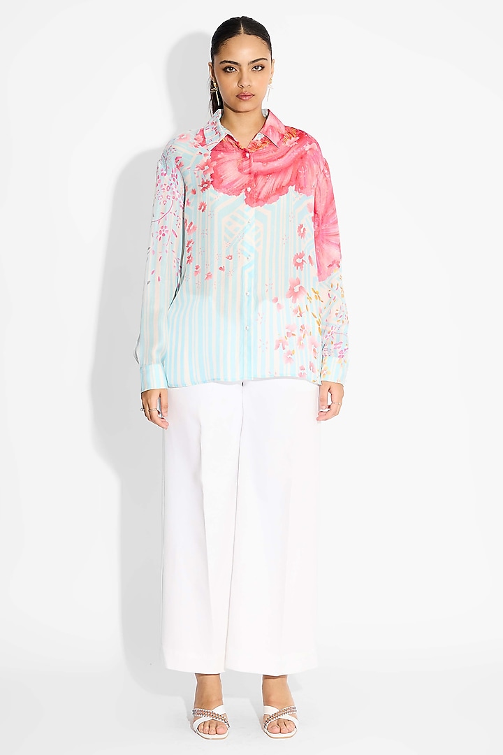 Frost Blue Bemberg Twill Floral Printed High-Low Shirt by Shasha Gaba at Pernia's Pop Up Shop