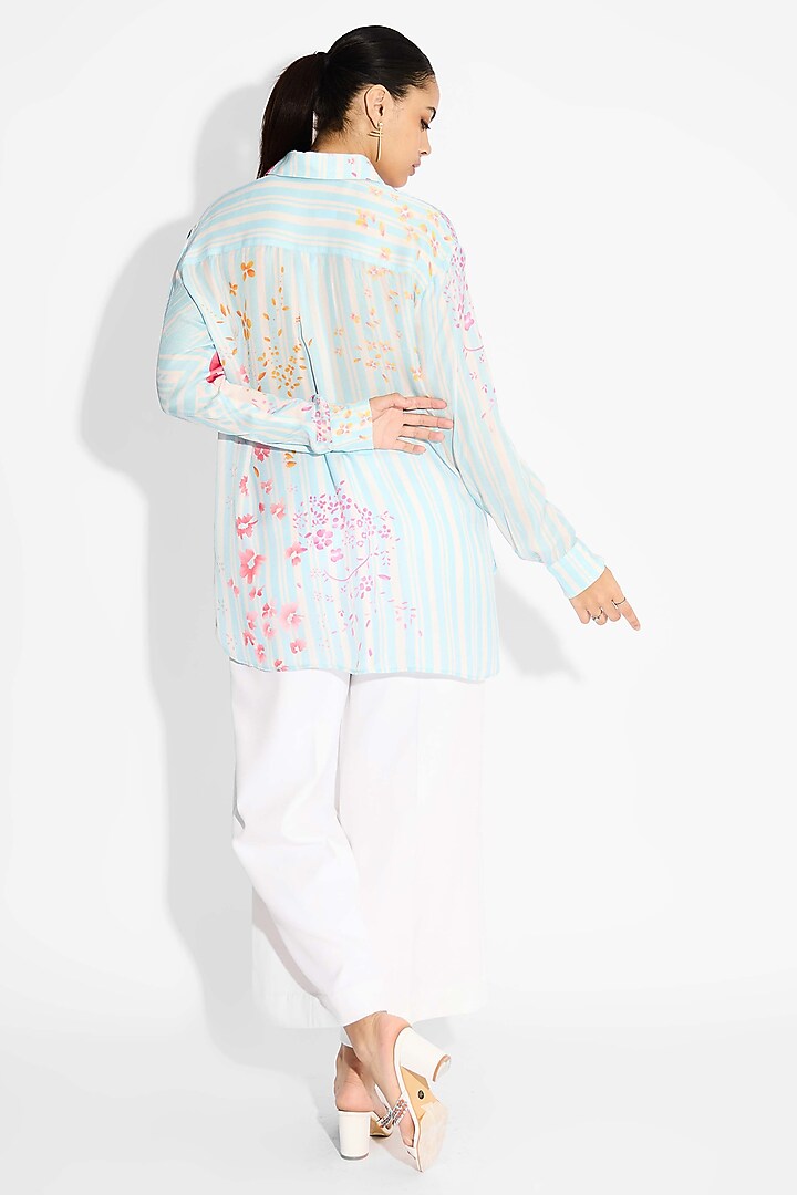 Frost Blue Bemberg Twill Floral Printed High-Low Shirt by Shasha Gaba at Pernia's Pop Up Shop