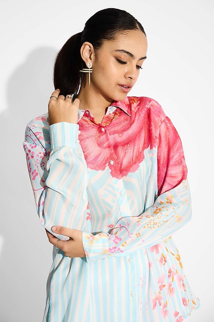 Frost Blue Bemberg Twill Floral Printed High-Low Shirt by Shasha Gaba at Pernia's Pop Up Shop