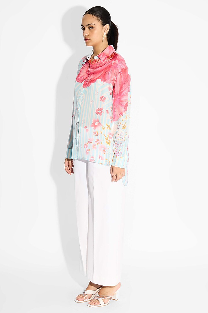 Frost Blue Bemberg Twill Floral Printed High-Low Shirt by Shasha Gaba at Pernia's Pop Up Shop