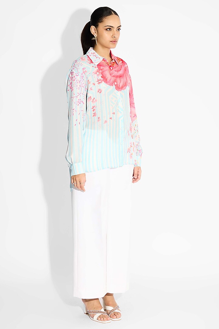 Frost Blue Bemberg Twill Floral Printed High-Low Shirt by Shasha Gaba at Pernia's Pop Up Shop
