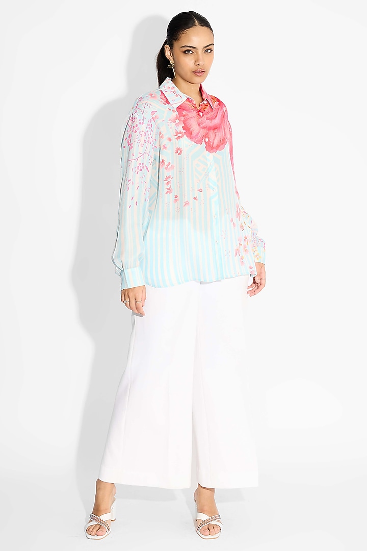 Frost Blue Bemberg Twill Floral Printed High-Low Shirt by Shasha Gaba at Pernia's Pop Up Shop