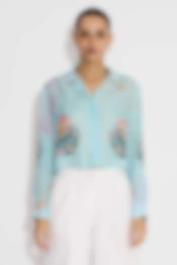 Frost Blue Bemberg Twill Floral Crop Shirt by Shasha Gaba at Pernia's Pop Up Shop