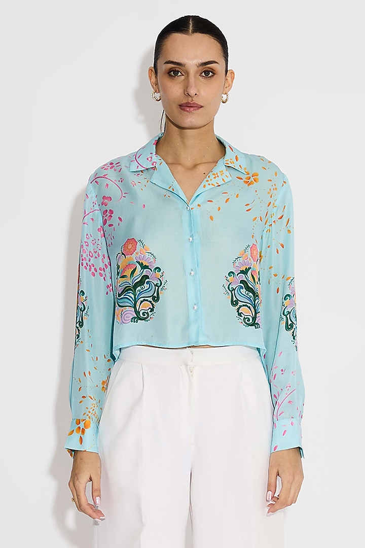 Frost Blue Bemberg Twill Floral Crop Shirt by Shasha Gaba at Pernia's Pop Up Shop