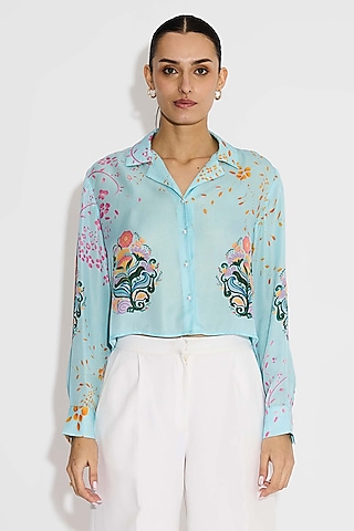 Frost Blue Bemberg Twill Floral Crop Shirt by Shasha Gaba