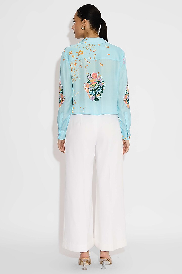 Frost Blue Bemberg Twill Floral Crop Shirt by Shasha Gaba at Pernia's Pop Up Shop