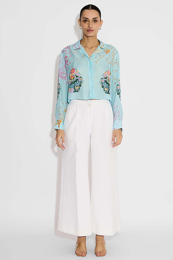 Frost Blue Bemberg Twill Floral Crop Shirt by Shasha Gaba at Pernia's Pop Up Shop