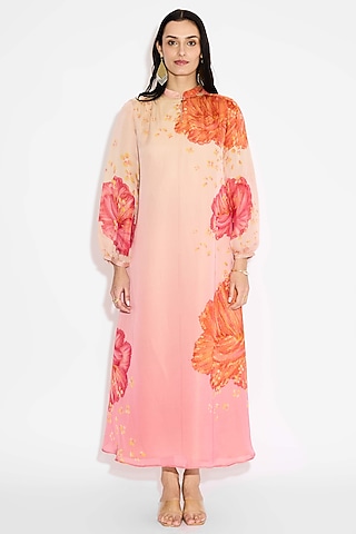 Pink Ombre Tissue Satin Floral Dress by Shasha Gaba