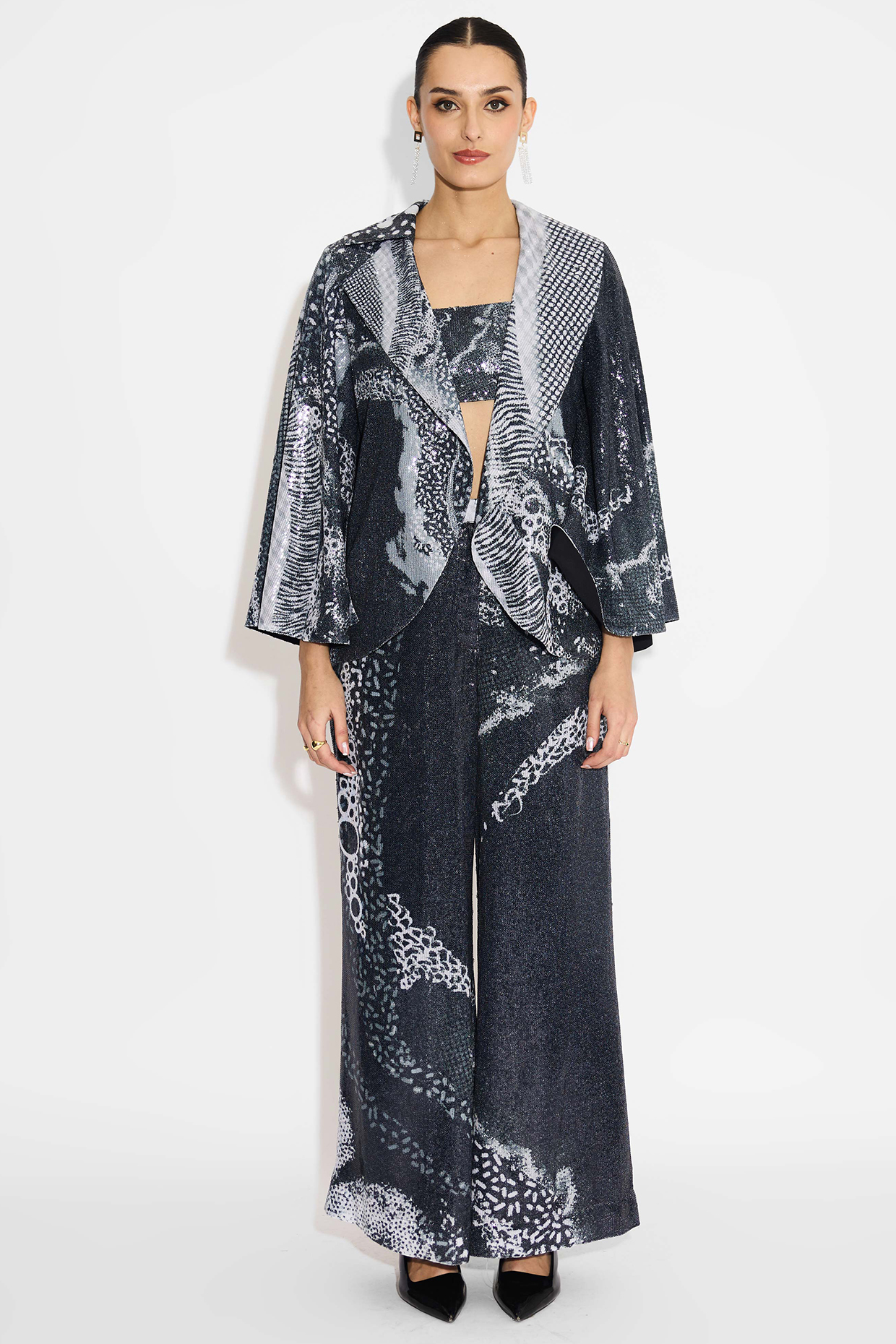 Black Transparent Poly Sequins Pants by Shasha Gaba at Pernia's Pop Up Shop
