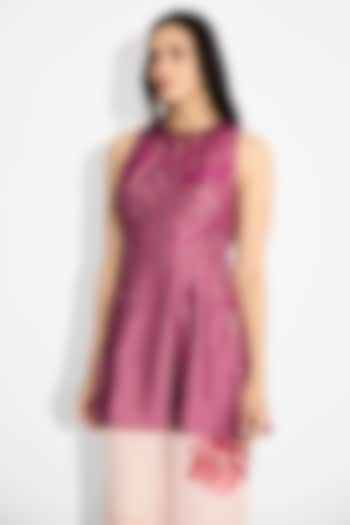 Dark Mauve Pink Poly  Chanderi Striped Tunic by Shasha Gaba at Pernia's Pop Up Shop