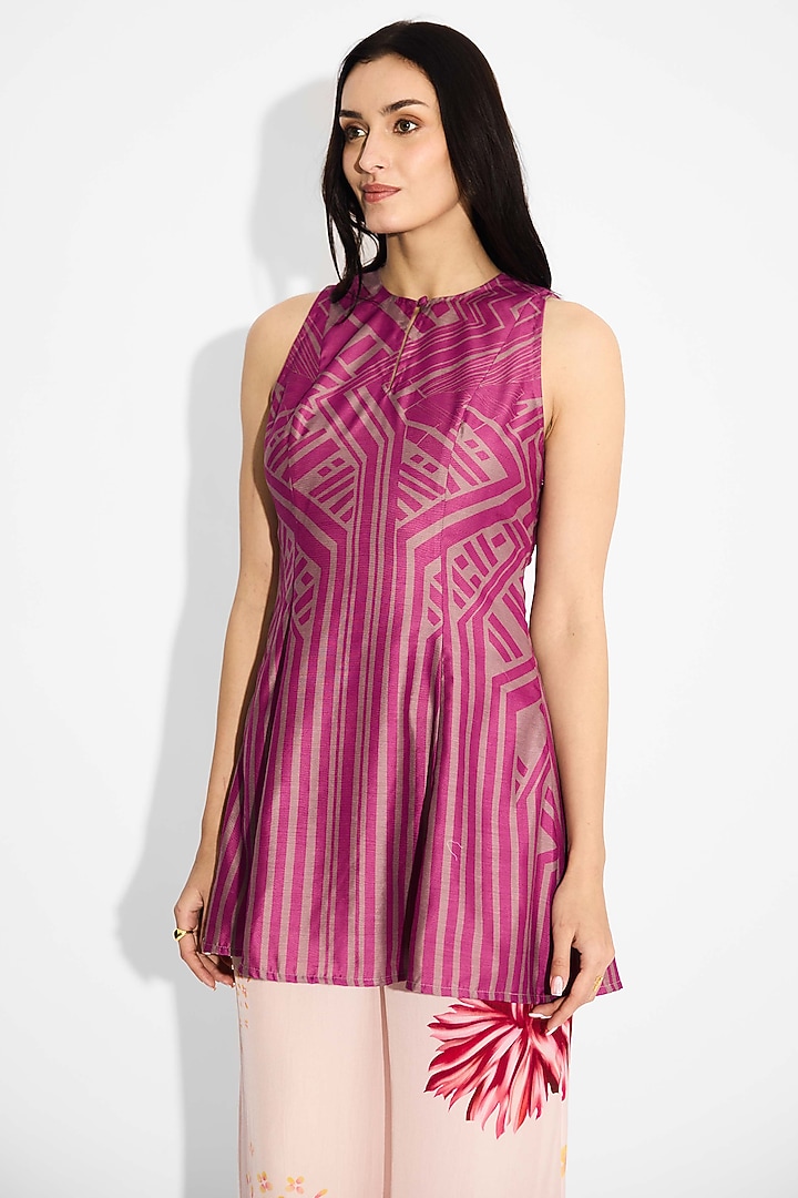 Dark Mauve Pink Poly  Chanderi Striped Tunic by Shasha Gaba at Pernia's Pop Up Shop