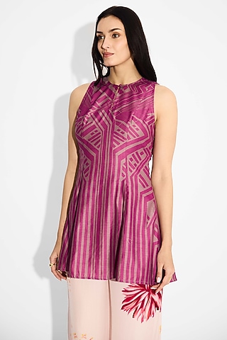 Dark Mauve Pink Poly  Chanderi Striped Tunic by Shasha Gaba