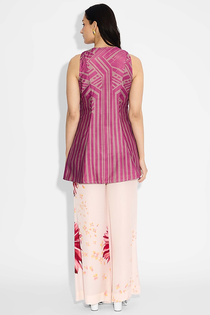 Dark Mauve Pink Poly Chanderi Striped Tunic by Shasha Gaba at Pernia's Pop Up Shop