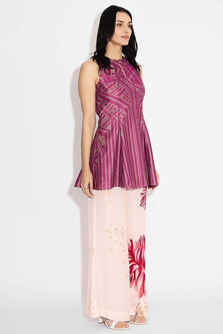 Dark Mauve Pink Poly Chanderi Striped Tunic by Shasha Gaba at Pernia's Pop Up Shop