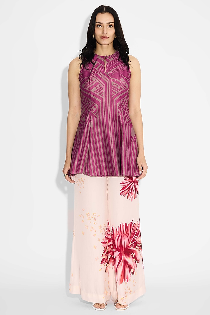 Dark Mauve Pink Poly Chanderi Striped Tunic by Shasha Gaba at Pernia's Pop Up Shop