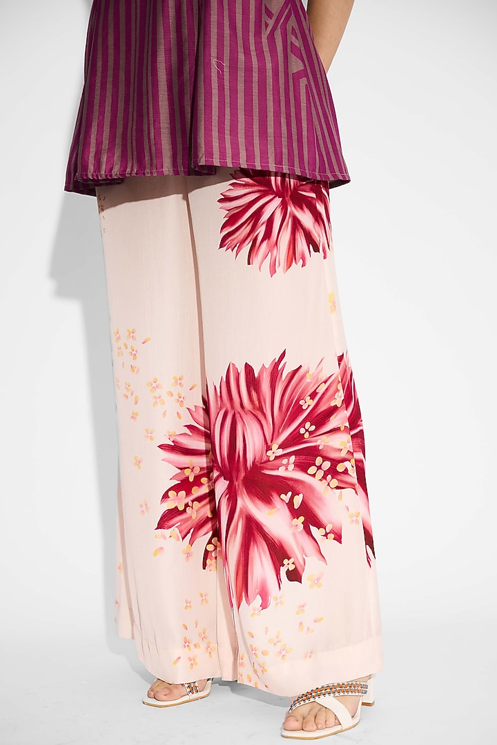 Pale Pink Bemberg Twill Floral Wide-Leg Pants by Shasha Gaba at Pernia's Pop Up Shop