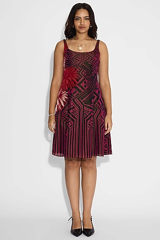 Black Tissue Satin Striped Floral Dress by Shasha Gaba