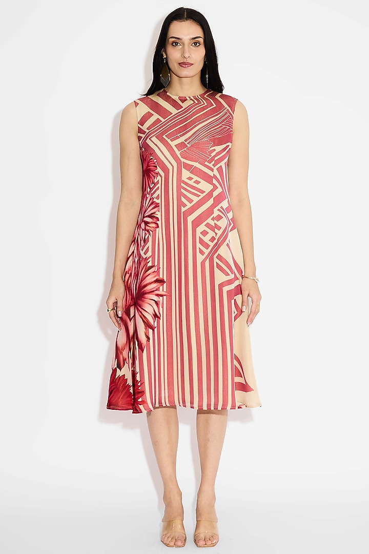 Beige & Gold Tissue Satin Striped Floral Summer Dress by Shasha Gaba at Pernia's Pop Up Shop