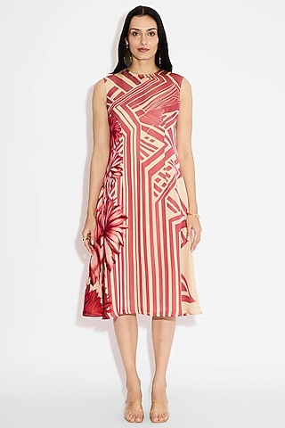 Beige & Gold Tissue Satin Striped Floral Dress by Shasha Gaba