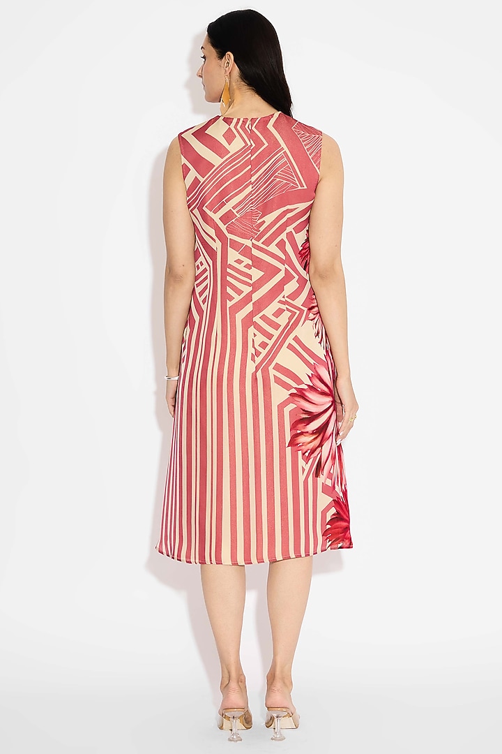 Beige & Gold Tissue Satin Striped Floral Summer Dress by Shasha Gaba at Pernia's Pop Up Shop