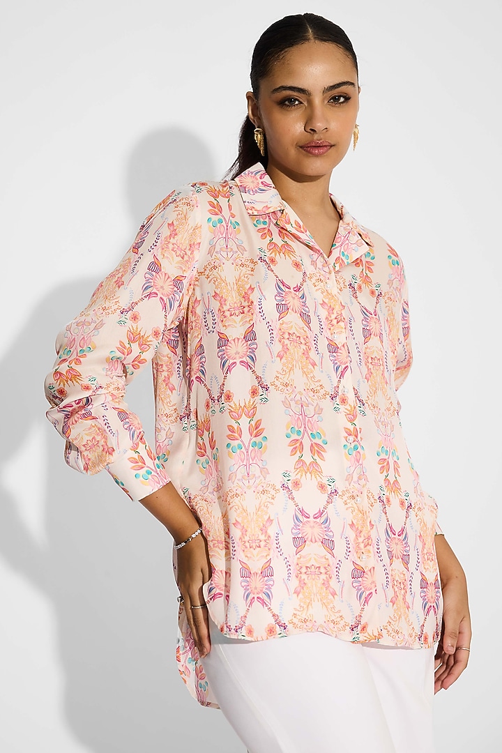 Pale Pink Bemberg Twill Floral High-Low Shirt by Shasha Gaba at Pernia's Pop Up Shop
