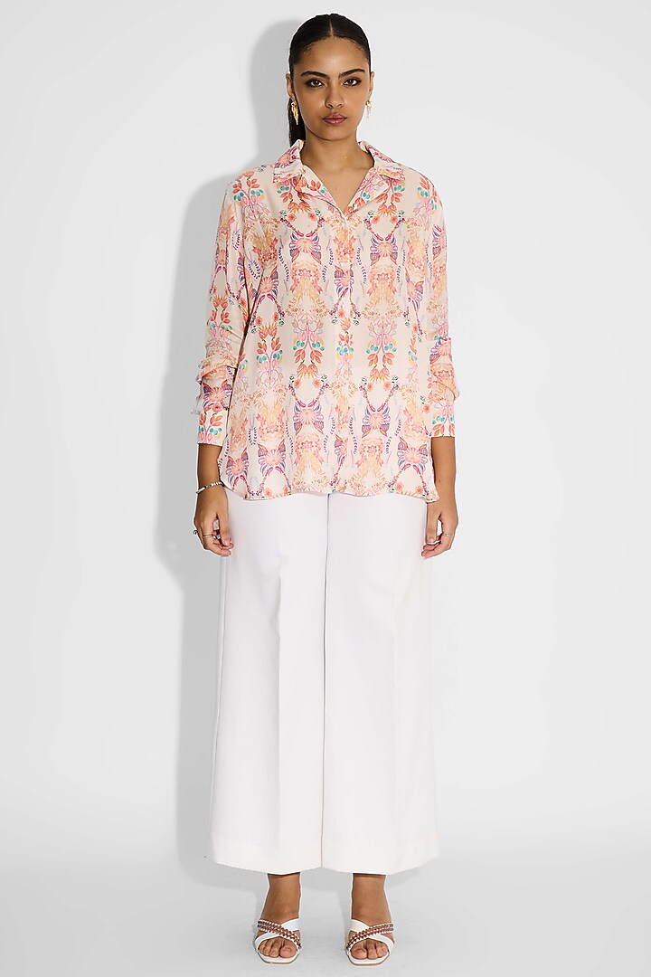 Pale Pink Bemberg Twill Floral High-Low Shirt by Shasha Gaba at Pernia's Pop Up Shop