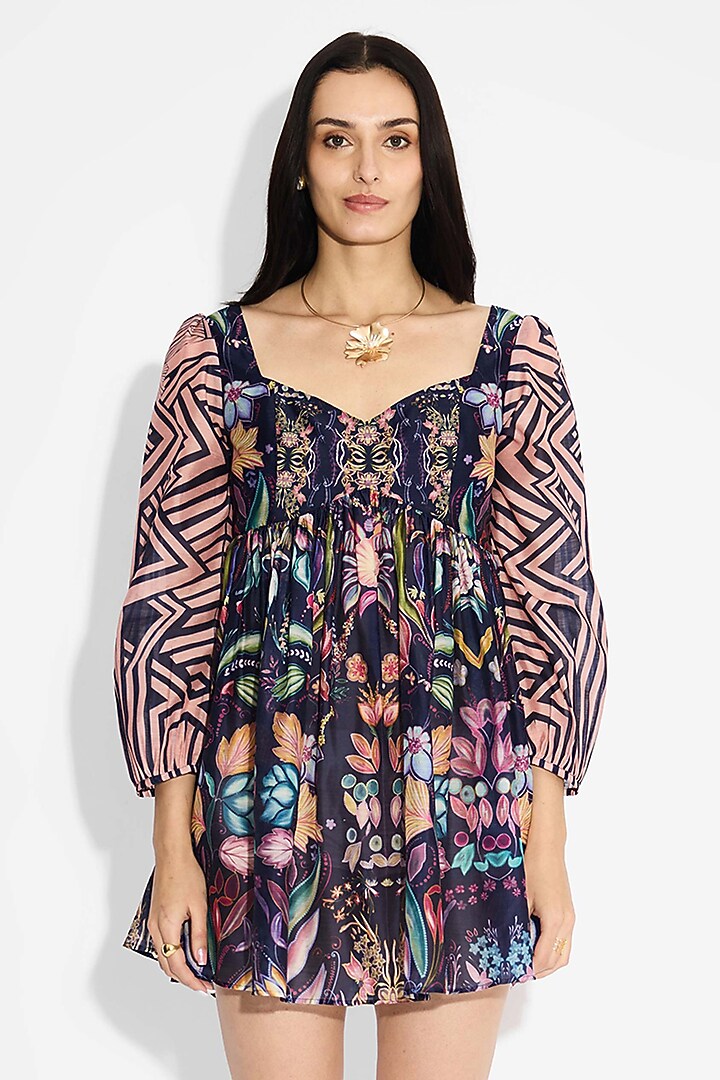 Obsidian Blue Poly Chanderi Floral Striped Mini Summer Dress by Shasha Gaba at Pernia's Pop Up Shop