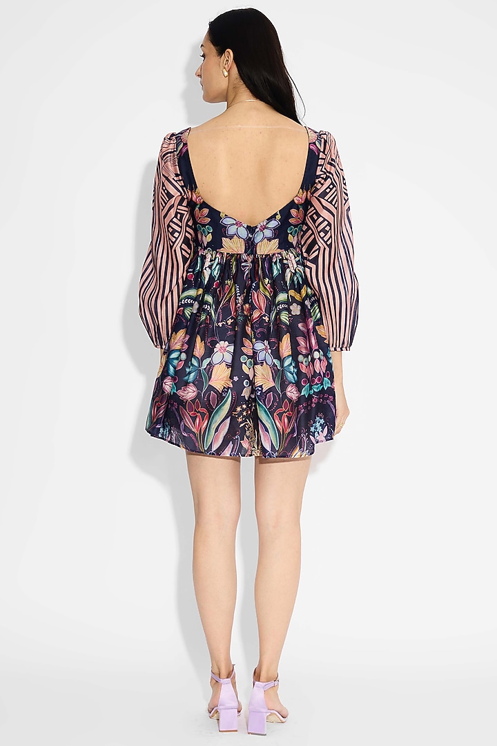 Obsidian Blue Poly Chanderi Floral Striped Mini Summer Dress by Shasha Gaba at Pernia's Pop Up Shop