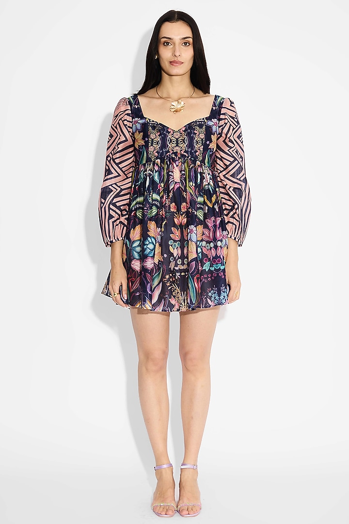 Obsidian Blue Poly Chanderi Floral Striped Mini Summer Dress by Shasha Gaba at Pernia's Pop Up Shop