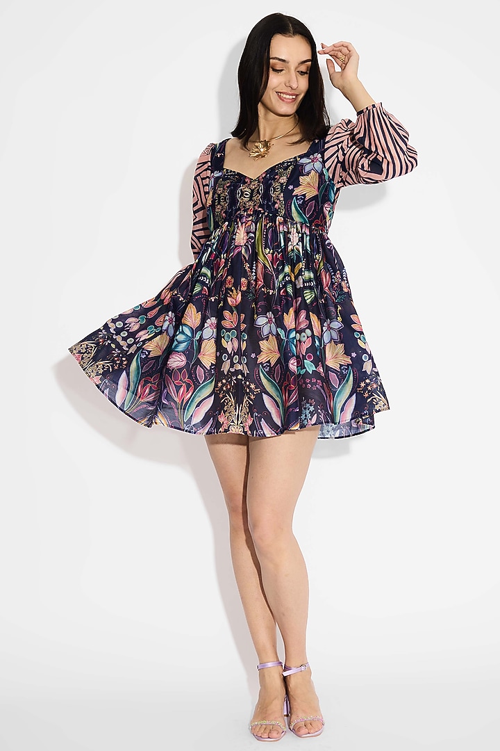 Obsidian Blue Poly Chanderi Floral Striped Mini Summer Dress by Shasha Gaba at Pernia's Pop Up Shop