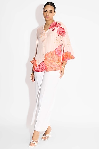 Misty Rose Bemberg Twill Striped Floral Shirt by Shasha Gaba