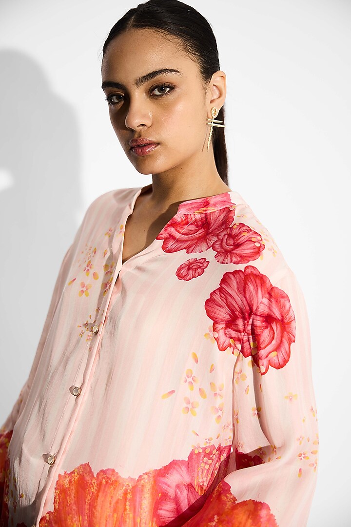 Misty Rose Bemberg Twill Striped Floral Shirt by Shasha Gaba at Pernia's Pop Up Shop