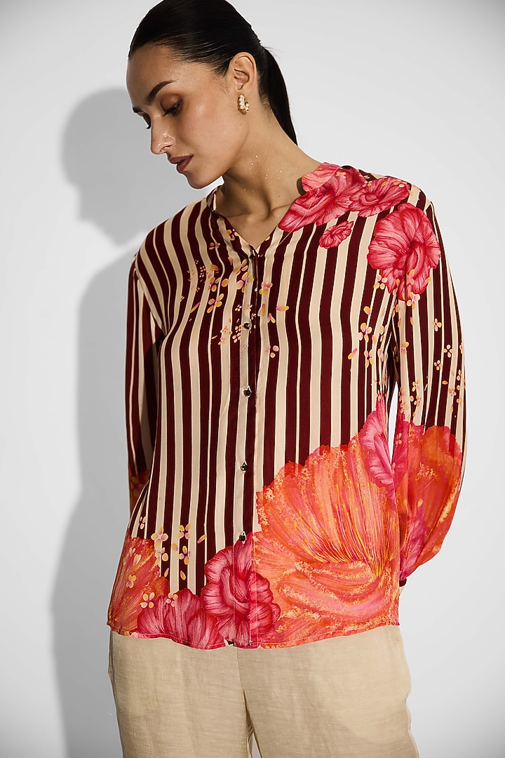 Dune-Colored Bemberg Twill Striped Floral Shirt by Shasha Gaba at Pernia's Pop Up Shop