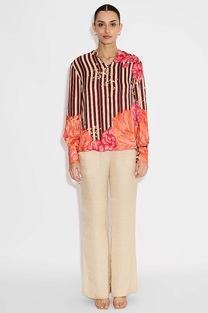 Dune-Colored Bemberg Twill Striped Floral Shirt by Shasha Gaba at Pernia's Pop Up Shop