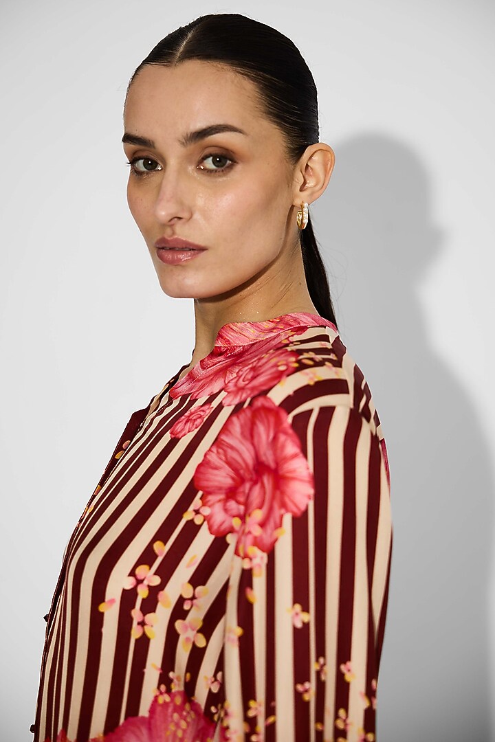 Dune-Colored Bemberg Twill Striped Floral Shirt by Shasha Gaba at Pernia's Pop Up Shop