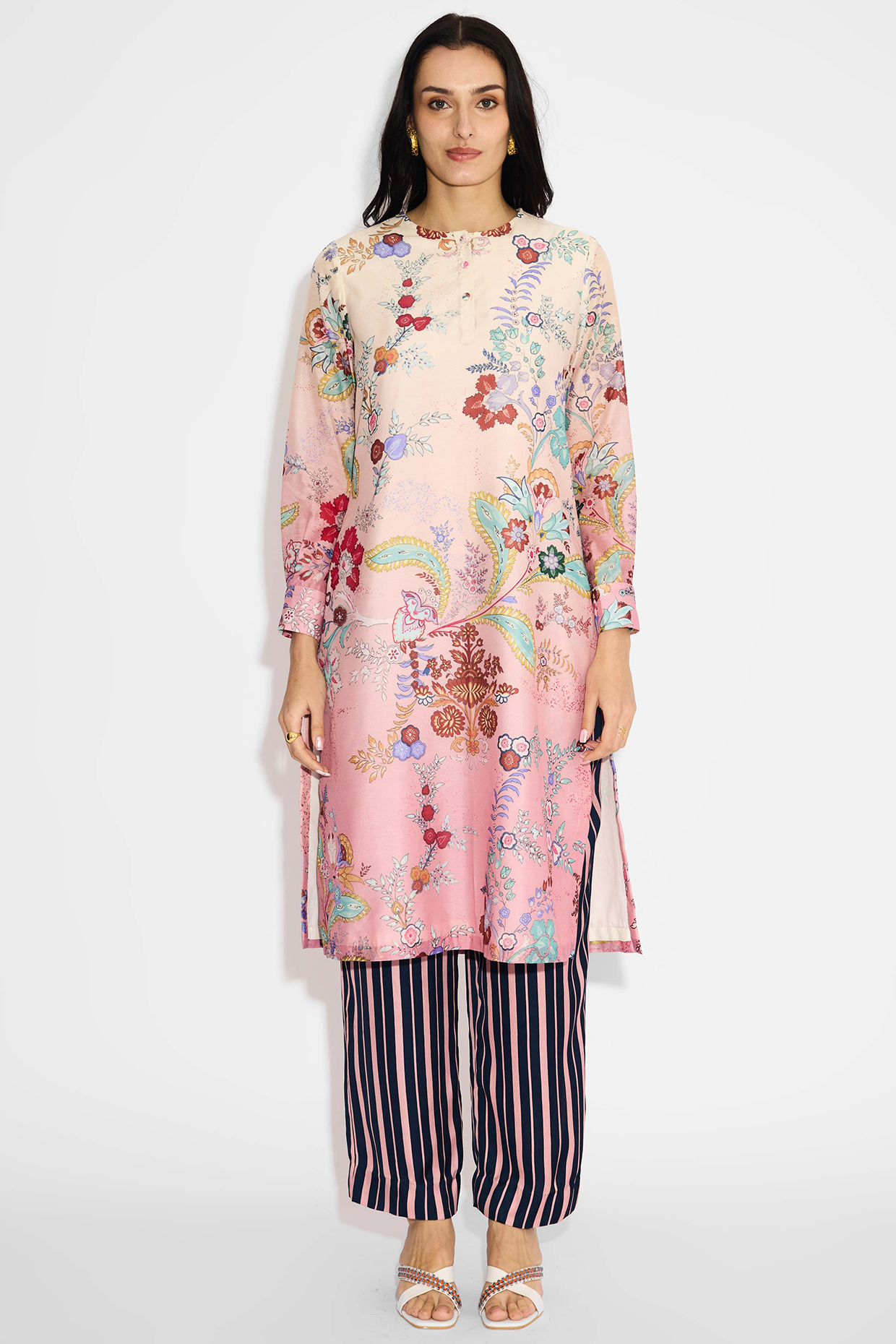 Ivory Ombre Poly Chanderi Chintz Printed Kurta Set by Shasha Gaba at Pernia's Pop Up Shop