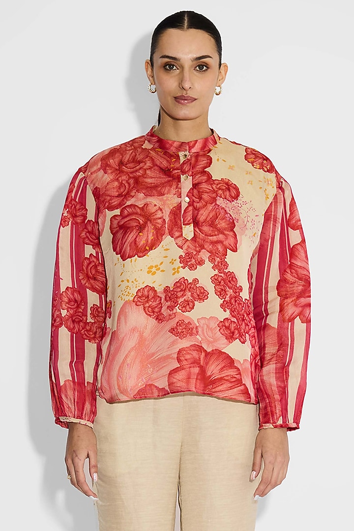 Dune-Colored Tissue Satin Floral Placket Top by Shasha Gaba at Pernia's Pop Up Shop