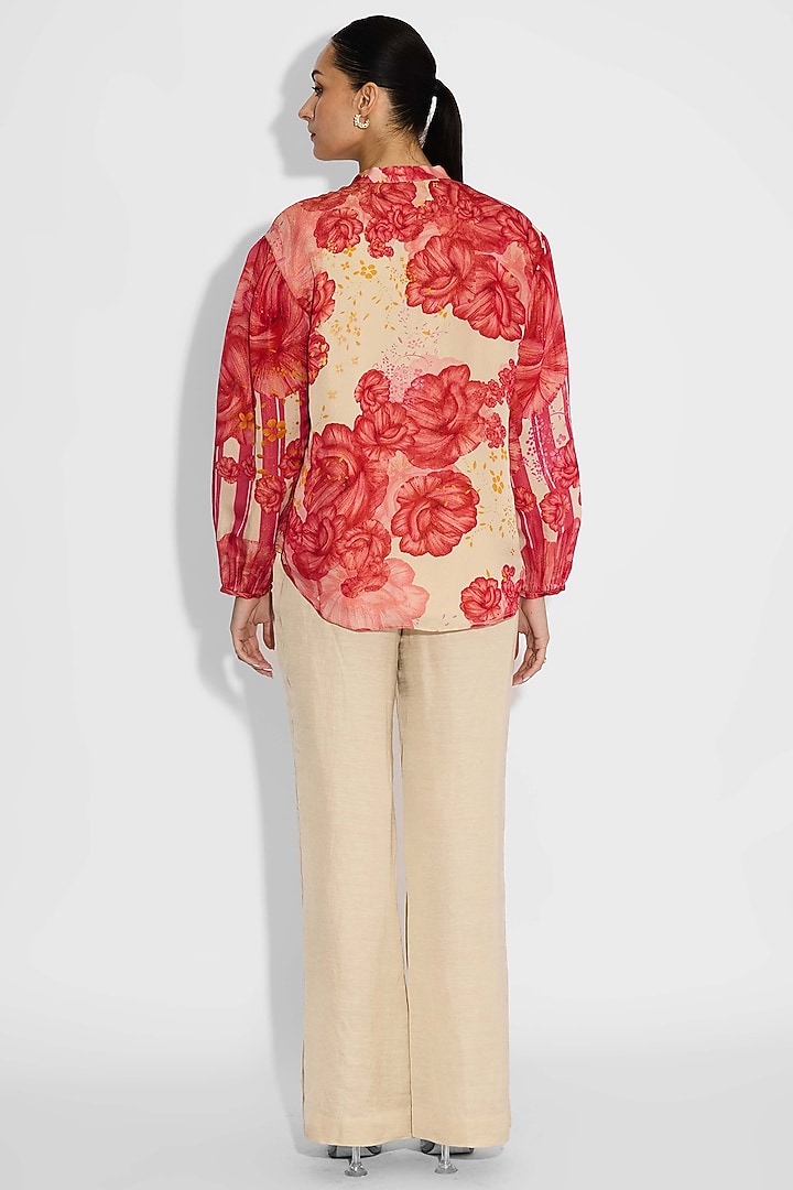 Dune-Colored Tissue Satin Floral Placket Top by Shasha Gaba at Pernia's Pop Up Shop