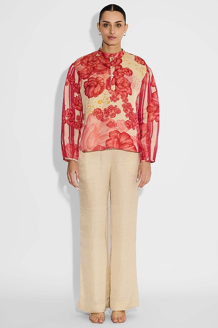 Dune-Colored Tissue Satin Floral Placket Top by Shasha Gaba at Pernia's Pop Up Shop