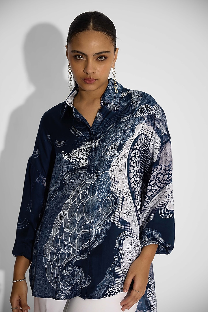 Obsidian Blue Bemberg Twill Pintuck Shirt by Shasha Gaba at Pernia's Pop Up Shop