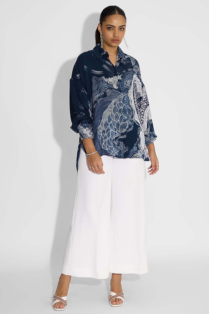 Obsidian Blue Bemberg Twill Pintuck Shirt by Shasha Gaba at Pernia's Pop Up Shop